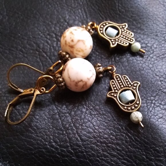 Hamsa Hand Dangle Earrings - Blessings & Protection - Natural Stone Beads - Picture 9 of 10